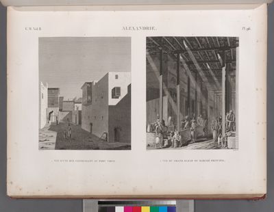 Alexandrie [Alexandria]. 1. Vue d'une rue conduisant au Port Vieux; 2. Vue du grand bazar ou marché principal.