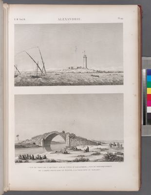Alexandrie [Alexandria]. 1. Vue du pont de l'aquéduc sur le canal d'Alexandrie; 2. Vue du débarquement de l'armée française en Égypte, à la tour dite du Marabou.