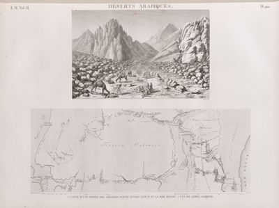 Déserts arabiques. 1. Carte d'une partie des déserts situés entre Syout et la Mer Rouge; 2. Vue de Gebel Ghâreb.