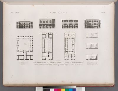Basse Égypte. 1.2. Plan et élévation d'un okel d'Alexandrie; 3.4. Plan d'un okel de Damiette; 5-7. Plans d'un appartement d'okel; 8. Coupe d'okel; 9.10. Okels de Rosette.