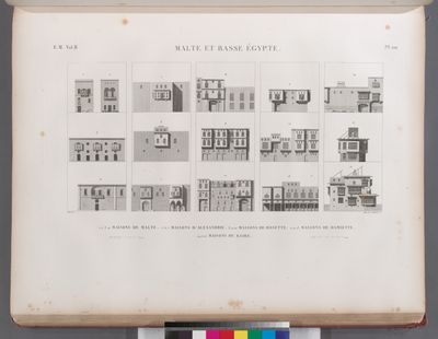 Malte et Basse Égypte. 1-4. Maisons de Malte [Malta]; 5-7. Maisons d'Alexandrie [Alexandria]; 8-10. Maisons de Rosette [Rosetta]; 11-13. Maisons de Damiette [Damietta]; 14-16. Maisons du Kaire [Cairo].