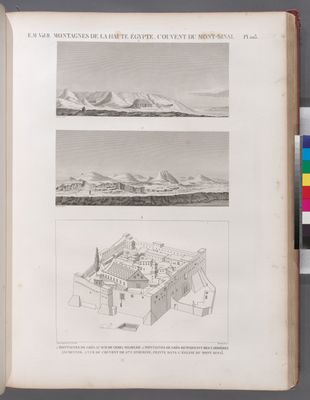 Montagnes de la Haute Égypte. Couvent du Mont-Sinai. 1. Montagnes de grès au sud de Gebel Selseleh; 2. Montagnes de grès renfermant des carrières anciennes; 3. Vue du couvent de St. Caterine, peinte dans l'église du Mont Sinai.