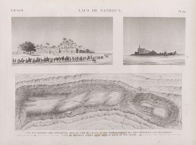 Lacs de Natroun. 1. Vue d'El-Rahâouy, près Omm-Dynâr, prise du côté de l'ouest; 2. Carte topographique des deux principaux lacs de Natroun; 3. Vue du batiment appelé Qasr, prise du côté du sud-ouest.
