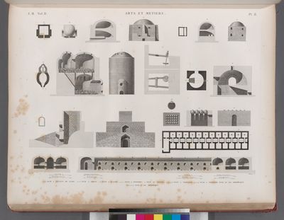 Arts et métiers. 1-3. Four à poulets du Kaire; 4-6. Four à chaux; 7.8. Four à platre; 9-11. Four à poteries; 12. Tour du potier; 13-16. Four à verrerie; 17-19. Four à verrerie pour le sel ammoniaque; 20-23. Four à sel ammoniaque.