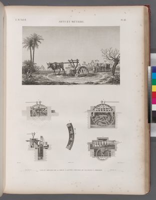 Arts et métiers. Vue et détails de la roue à jantes creuses ou machine à arroser.