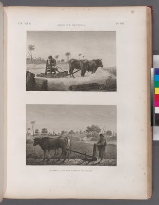 Arts et métiers. 1. Charrue; 2. Machine à battre les grains.