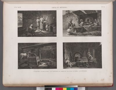 Arts et métiers. 1. Le meunier; 2. Le boulanger; 3. Le confiseur ou fabricant de pâtes sucrées; 4. Le pâtissier.