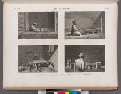 Arts et métiers. 1. Le passementier; 2. Le faiseur de cordonnets; 3. Le favricant d'étoffes de laine; 4. Le ceinturonnier.