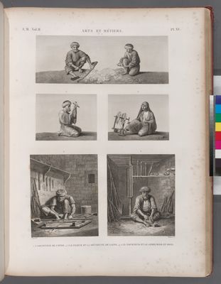 Arts et métiers. 1. L'arçonneur de coton; 2.3. Le fileur et la dévideuse de laine; 4.5. Le tourneur et le serrurier en bois.