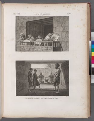 Arts et métiers. 1. Le brodeur au tambour; 2. Le fabricant de feutres.