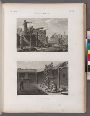 Arts et métiers. 1. Le maçon; 2. Le couvreur.