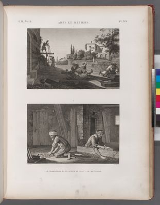 Arts et métiers. 1. Le charpentier et le scieur de long; 2. Le menuisier.