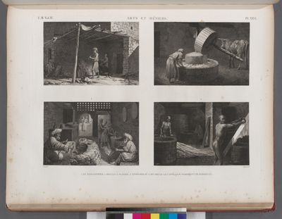 Arts et métiers. 1. Le taillandier; 2. Moulin à plâtre; 3. Attélier où l'on brûle le caffé; 4. Le fabricant de maroquin.