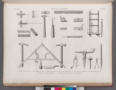 Arts and métiers. 1-3. Serrure égyptienne; 4-6. Autre serrure en bois; 7.8. Qaddoum ou essette; 9.10. Bec d'âne; 11. Feuilleret; 12-15. Deux rabots; 16. Foret; 17. Machine à forer les tuyaux de pipe; 18-20. Outils du maçon; 21-26. Outils du chaudronnier et du ferblantier.