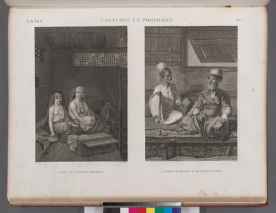 Costumes et portraits. 1. A'lmés ou danseuses publiques; 2. Santons d'Abyssinie et de Constantinople.