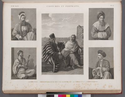 Costumes et portraits. 1. L'Emir Hâggy [Amir al-Hajj]; 2. Habitans de l'oasis et du Mont Sinaï; 3. Le Cheykh Sâdât; 4. Le joueur de violon; 5. Habitant de Damas [Damascus].