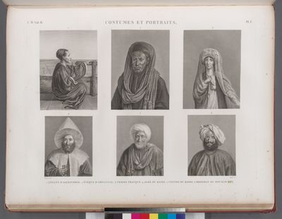 Costumes et portraits. 1. Enfant d'Alexandrie; 2. Évêque d'Abyssinie; 3. Femme Franque; 4. Aghâ du Kaire; 5. Cheykh du Kaire; 6. Drogman de Mourâd Bey.