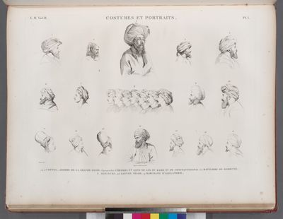 Costumes et portraits. 1.4.5. Coptes; 2. Homme de la grande oasis; 3.9.10.12.15.16.17. Cheykhs et gens de loi du Kaire et de Constantinople; 6.7. Batéliers de Damiette; 8. Mamlouks; 11.13. Santon nègre; 14. Marchand d'Alexandrie.