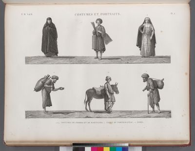 Costumes et portraits. 1-4. Costumes de femmes et de marchands; 5. Saqqâ ou porteur d'eau; 6. Ânier.