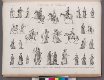 Costumes et portraits. 1.2.4.11. Costumes militaires; 3. Janissaire; 5.8. Beys; 7.17. Mamlouks; 12.15. Arabes; 13.14. A'lmés; 16.18.20.21. Cheykhs; 25.27. Femmes dans le harem; 26. Mariée; 28. Écrivain copte; 6.9.10.19.22-24.29.30. Divers costumes.