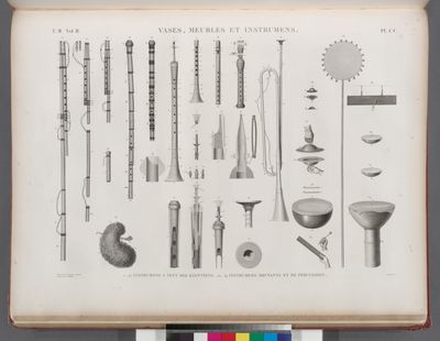 Vases, meubles et instrumens. 1-25. Instrumens à vent des égyptiens; 26-34. Instrumens bruyants et de percussion.