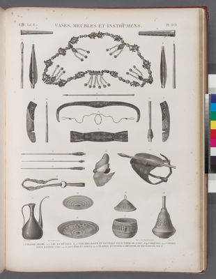 Vases, meubles et instrumens. 1. Collier arabe; 2-5. Arc et détails; 6-17. Flèches, bague et gantelet pour tirer de l'arc; 18.19. Carquois; 20.21. Cordes pour bander l'arc; 22.23. Aiguière et doraq; 24-27. Plateau et panier d'Abyssinie, en feuilles de doum.