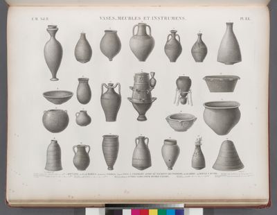 Vases, meubles et instrumens. 1. Qoulleh; 2.5-7.23. Barils; 4.10-12.17. Jarres; 3.9.20. Pots à chapelet; 18. Pot où nichent les pigeons; 22. Alambic; 24. Moule à sucre; 8.13-16.19.21. Autres vases pour divers usages.