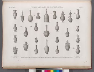 Vases, meubles et instrumens. 1.4.6.8-10.12.16.17. Qoulleh; 2.3.5.7.11.13-15.23-26. Doraq; 21.22.27. Ebryq; 18-20. Autres vases destinés à rafraichir l'eau.