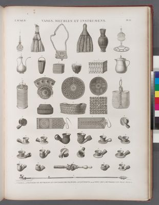Vases, meubles et instrumens. 1-6. Vases; 7-16. Paniers et ouvrages en feuilles de palmier; 17.18. Lanterne; 19-42. Sygy (jeu), ouvrages en peau, pipes.