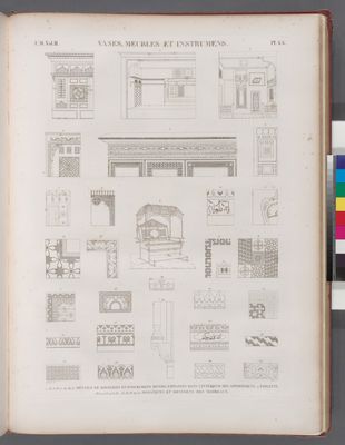 Vases, meubles et instrumens. 1-6.12.16.17.24.25.27. Détails de boiseries et d'ornemens divers, employés dans l'intérieur des appartemens; 9. Toilette; 7.8.20.11.13-15.18-23.25.26.28-30. Mosaïques et ornemens des tombeaux.