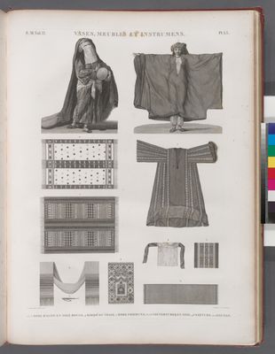 Vases, meubles et instrumens. 1-3. Robe d'almé en soie rouge; 4. Borqo'ou voile; 5. Robe commune; 6-8. Couvertures en soie; 9. Ceinture; 10. Aiguille.