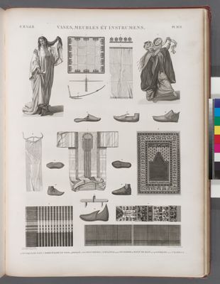 Vases, meubles et instrumens. 1.2. Tunique de bain; 3. Robe d'almé en soie; 4. Borqó; 5.6. Mouchoirs; 7.8. Milâyeh; 9.10. Seggadeh; 11. Patin de bain; 12-19. Sandales; 20.21. Charrue.