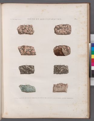 Minéralogie. Syène et les Cataractes. 1-4.7. Variétés du granit oriental ou syénit des anciens; 5.6.8. Diverses roches primitives.