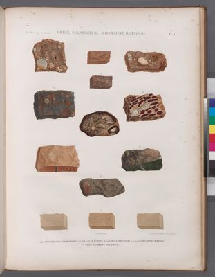 Minéralogie. Gebel Selseleh etc., Montagne Rouge etc. 1-4. Pouddingue memnonien; 5. Caillou d'Égypte; 6.8.9. Grès ferrugineux; 7.10-12. Grès monumental; 13. Grès à ciment siliceux.